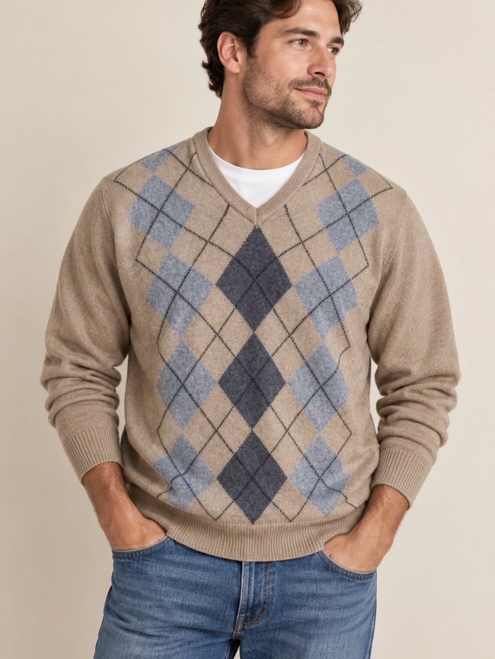 St Michael M&S Vintage 100% Wool Argyle V-Neck Sweater Menโs M